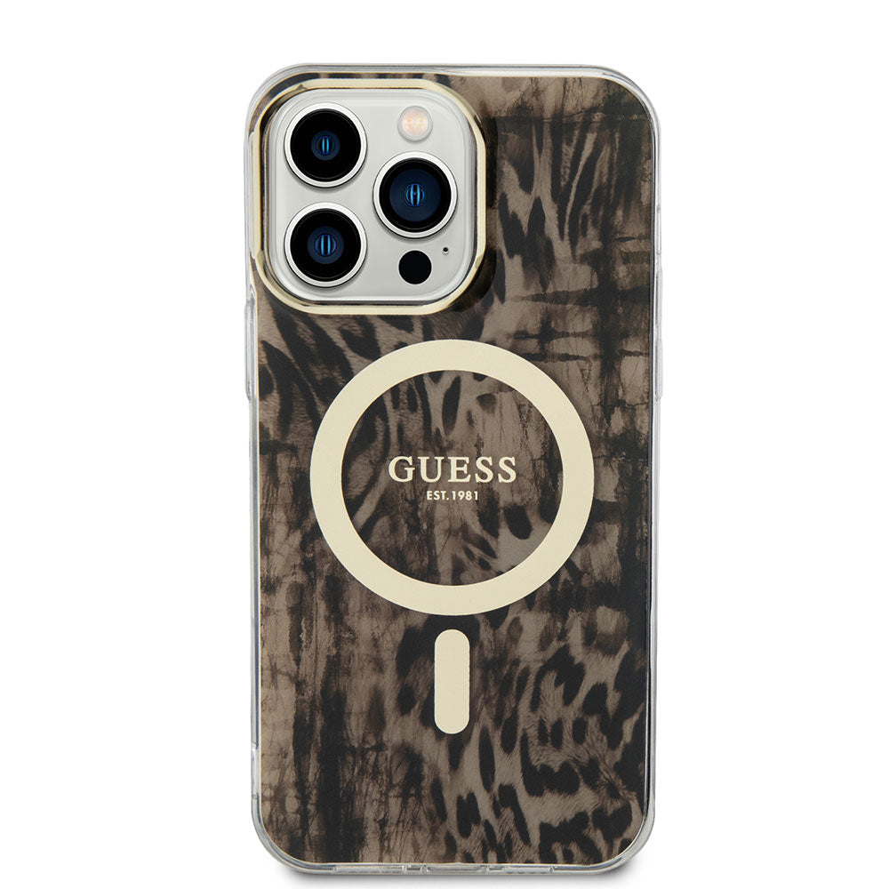 Apple iPhone 14 Pro Max Kılıf GUESS M-safe Şarj Özellikli Leopar Desenli Kapak