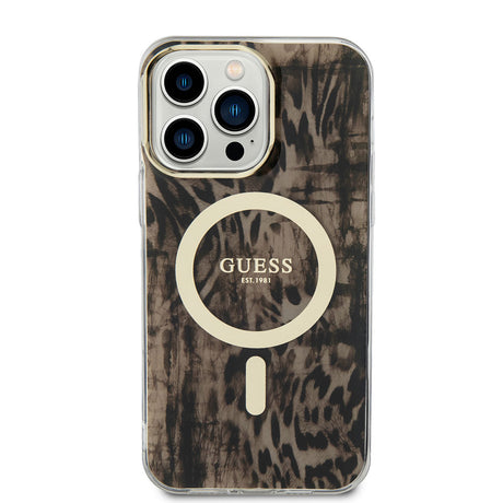 Apple iPhone 14 Pro Max Kılıf GUESS M-safe Şarj Özellikli Leopar Desenli Kapak
