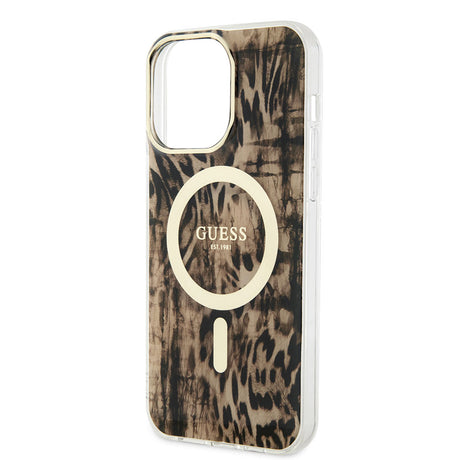 Apple iPhone 14 Pro Max Kılıf GUESS M-safe Şarj Özellikli Leopar Desenli Kapak