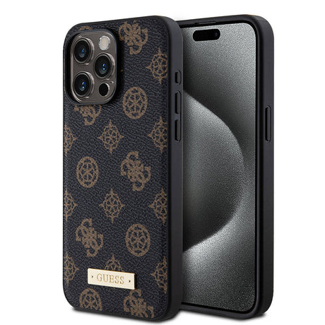 Apple iPhone 14 Pro Max Kılıf Guess M-safe Şarj Özellikli PU Deri Desenli Metal Plaka Logolu Kapak