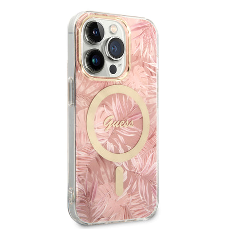 Apple iPhone 14 Pro Max Kılıf GUESS M-safe Şarj Özellikli Yaprak Desenli M-safe Şarj Kablolu Kapak