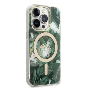 Apple iPhone 14 Pro Max Kılıf GUESS M-safe Şarj Özellikli Yaprak Desenli M-safe Şarj Kablolu Kapak
