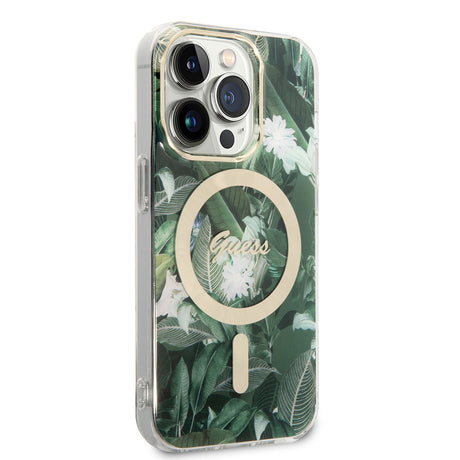Apple iPhone 14 Pro Max Kılıf GUESS M-safe Şarj Özellikli Yaprak Desenli M-safe Şarj Kablolu Kapak