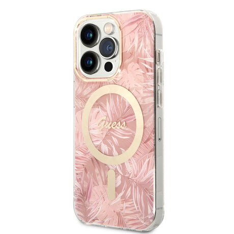 Apple iPhone 14 Pro Max Kılıf GUESS M-safe Şarj Özellikli Yaprak Desenli M-safe Şarj Kablolu Kapak