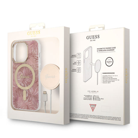 Apple iPhone 14 Pro Max Kılıf GUESS M-safe Şarj Özellikli Yaprak Desenli M-safe Şarj Kablolu Kapak