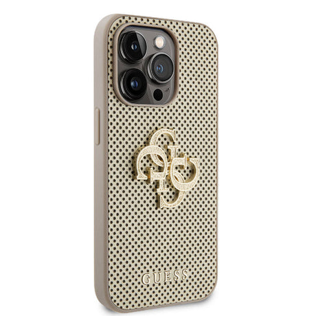 Apple iPhone 14 Pro Max Kılıf Guess Orjinal Lisanslı Delikli Yazı ve 4G Glitter Büyük Metal Logolu Kapak