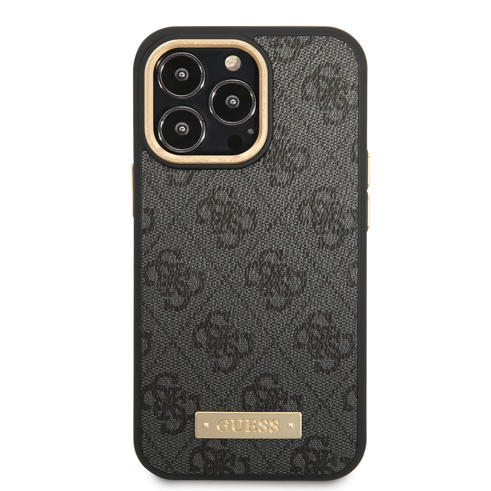 Apple iPhone 14 Pro Max Kılıf Guess Orjinal Lisanslı M-safe Şarj Özellikli 4G Desenli PU Metal Plaka Klasik Logolu Kapak