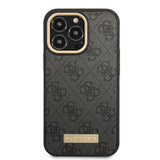 Apple iPhone 14 Pro Max Kılıf Guess Orjinal Lisanslı M-safe Şarj Özellikli 4G Desenli PU Metal Plaka Klasik Logolu Kapak