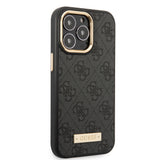 Apple iPhone 14 Pro Max Kılıf Guess Orjinal Lisanslı M-safe Şarj Özellikli 4G Desenli PU Metal Plaka Klasik Logolu Kapak