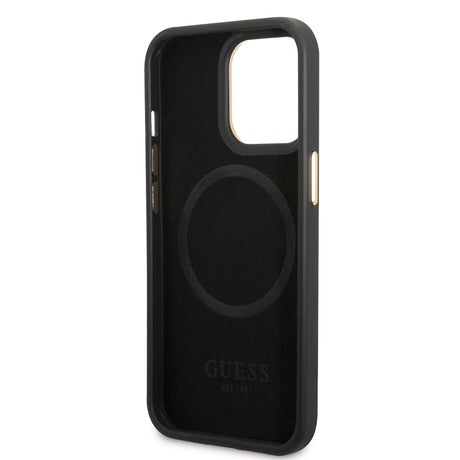 Apple iPhone 14 Pro Max Kılıf Guess Orjinal Lisanslı M-safe Şarj Özellikli 4G Desenli PU Metal Plaka Klasik Logolu Kapak