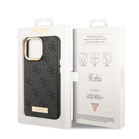 Apple iPhone 14 Pro Max Kılıf Guess Orjinal Lisanslı M-safe Şarj Özellikli 4G Desenli PU Metal Plaka Klasik Logolu Kapak