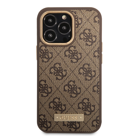 Apple iPhone 14 Pro Max Kılıf Guess Orjinal Lisanslı M-safe Şarj Özellikli 4G Desenli PU Metal Plaka Klasik Logolu Kapak