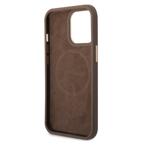 Apple iPhone 14 Pro Max Kılıf Guess Orjinal Lisanslı M-safe Şarj Özellikli 4G Desenli PU Metal Plaka Klasik Logolu Kapak
