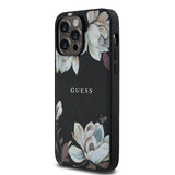Apple iPhone 14 Pro Max Kılıf Guess Orjinal Lisanslı M-safe Şarj Özellikli Taneli Çiçek Tasarımlı Metal Yazı Logolu Kapak