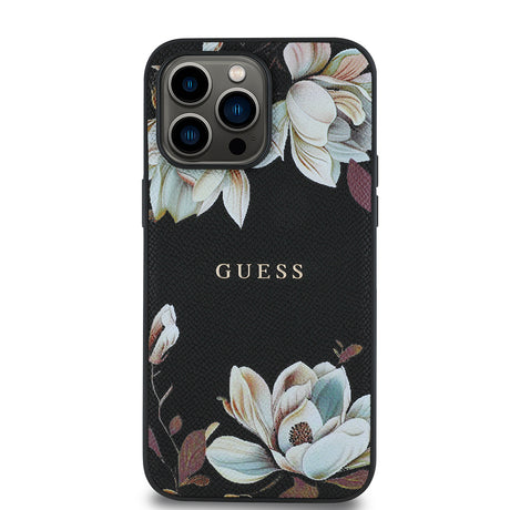 Apple iPhone 14 Pro Max Kılıf Guess Orjinal Lisanslı M-safe Şarj Özellikli Taneli Çiçek Tasarımlı Metal Yazı Logolu Kapak