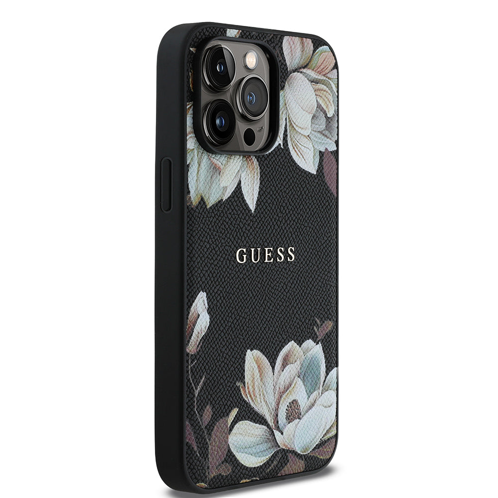 Apple iPhone 14 Pro Max Kılıf Guess Orjinal Lisanslı M-safe Şarj Özellikli Taneli Çiçek Tasarımlı Metal Yazı Logolu Kapak