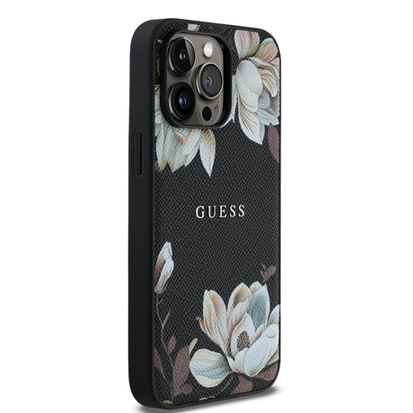 Apple iPhone 14 Pro Max Kılıf Guess Orjinal Lisanslı M-safe Şarj Özellikli Taneli Çiçek Tasarımlı Metal Yazı Logolu Kapak