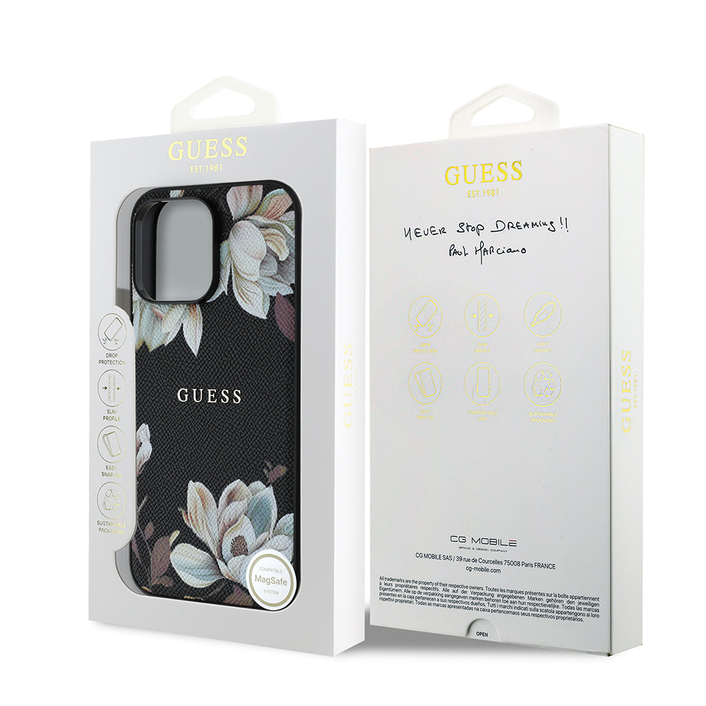 Apple iPhone 14 Pro Max Kılıf Guess Orjinal Lisanslı M-safe Şarj Özellikli Taneli Çiçek Tasarımlı Metal Yazı Logolu Kapak