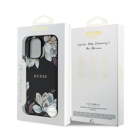 Apple iPhone 14 Pro Max Kılıf Guess Orjinal Lisanslı M-safe Şarj Özellikli Taneli Çiçek Tasarımlı Metal Yazı Logolu Kapak