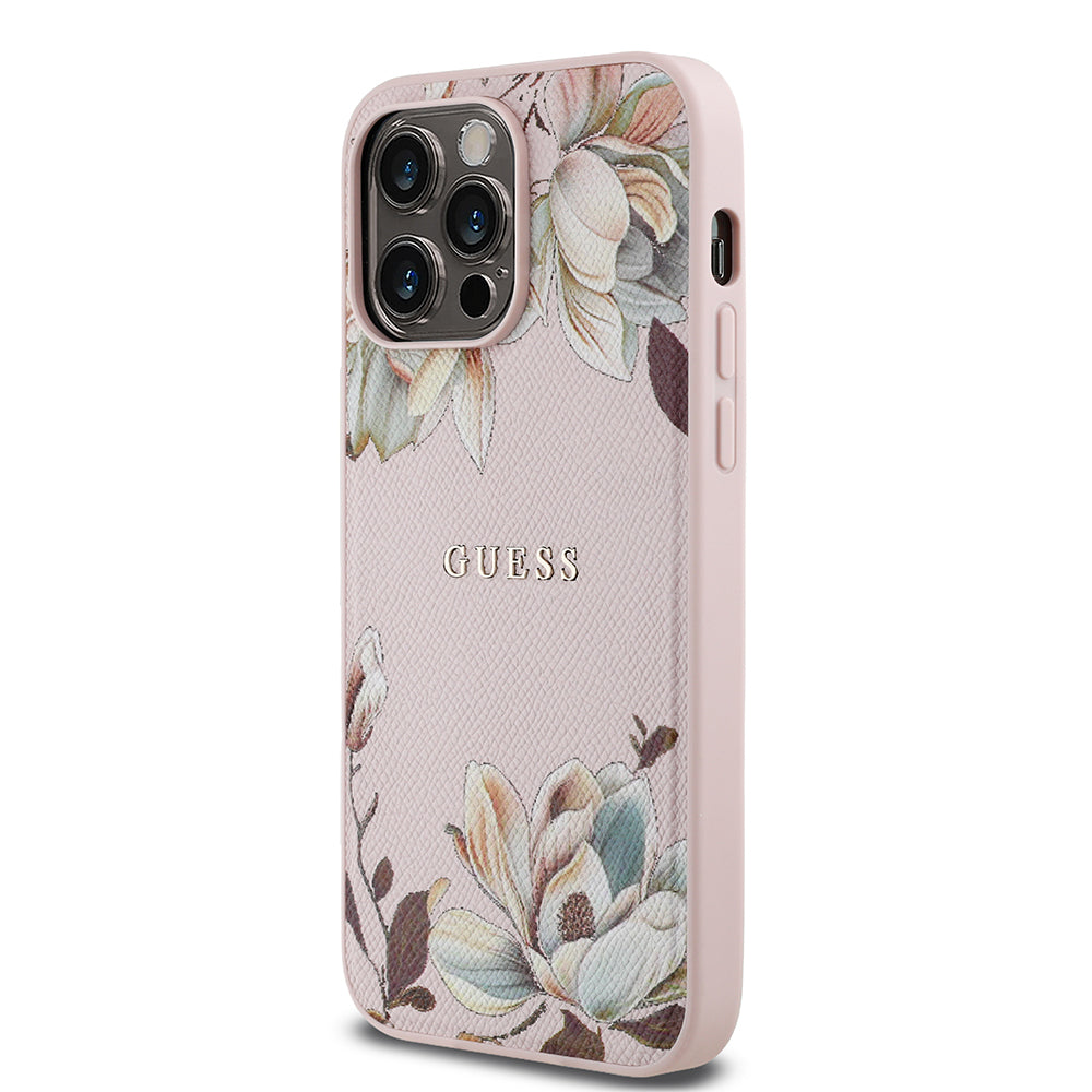 Apple iPhone 14 Pro Max Kılıf Guess Orjinal Lisanslı M-safe Şarj Özellikli Taneli Çiçek Tasarımlı Metal Yazı Logolu Kapak