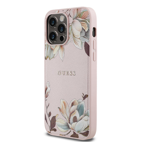 Apple iPhone 14 Pro Max Kılıf Guess Orjinal Lisanslı M-safe Şarj Özellikli Taneli Çiçek Tasarımlı Metal Yazı Logolu Kapak