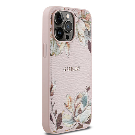 Apple iPhone 14 Pro Max Kılıf Guess Orjinal Lisanslı M-safe Şarj Özellikli Taneli Çiçek Tasarımlı Metal Yazı Logolu Kapak