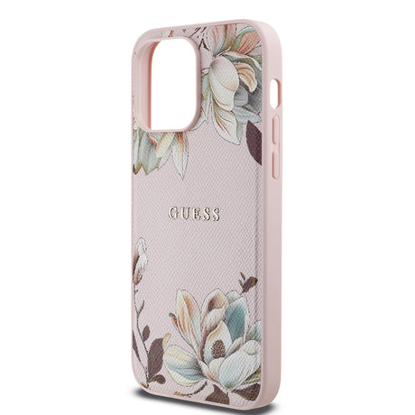 Apple iPhone 14 Pro Max Kılıf Guess Orjinal Lisanslı M-safe Şarj Özellikli Taneli Çiçek Tasarımlı Metal Yazı Logolu Kapak
