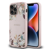 Apple iPhone 14 Pro Max Kılıf Guess Orjinal Lisanslı M-safe Şarj Özellikli Taneli Çiçek Tasarımlı Metal Yazı Logolu Kapak