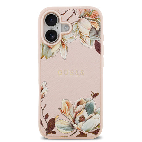 Apple iPhone 17 Kılıf Guess Orjinal Lisanslı M-safe Şarj Özellikli Taneli Çiçek Tasarımlı Metal Yazı Logolu Kapak