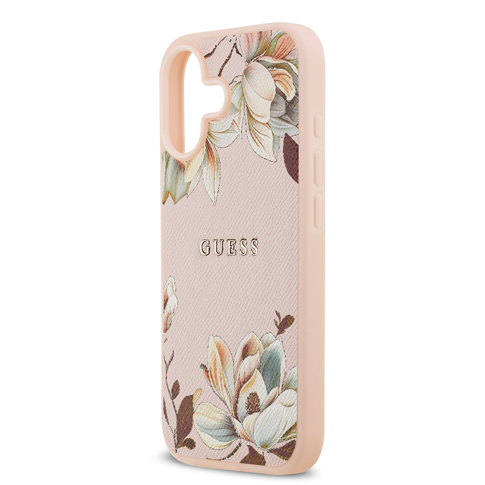 Apple iPhone 17 Kılıf Guess Orjinal Lisanslı M-safe Şarj Özellikli Taneli Çiçek Tasarımlı Metal Yazı Logolu Kapak