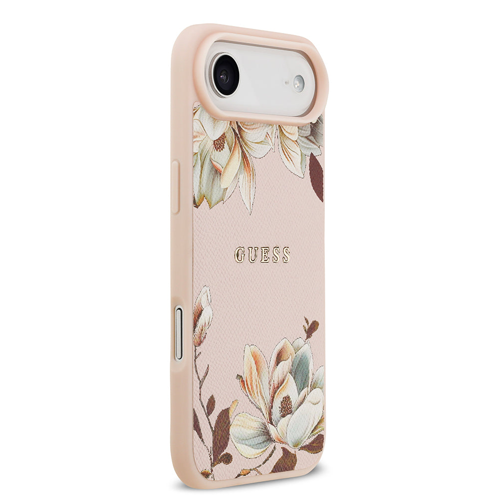 Apple iPhone 17 Air Kılıf Guess Orjinal Lisanslı M-safe Şarj Özellikli Taneli Çiçek Tasarımlı Metal Yazı Logolu Kapak