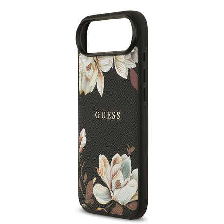 Apple iPhone 17 Air Kılıf Guess Orjinal Lisanslı M-safe Şarj Özellikli Taneli Çiçek Tasarımlı Metal Yazı Logolu Kapak