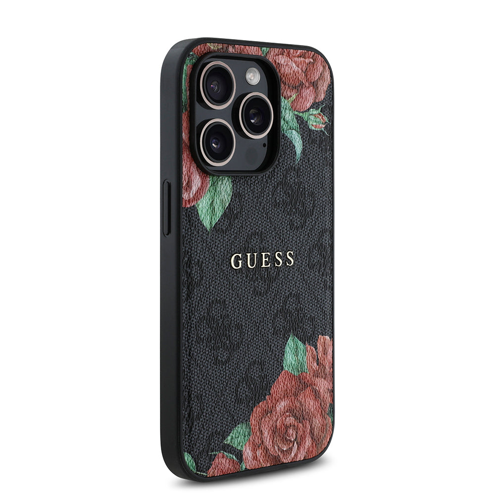 Apple iPhone 14 Pro Max Kılıf Guess Orjinal Lisanslı M-safe Şarj Özellikli Gül Baskılı 4G Desenli Yazı Logolu Kapak