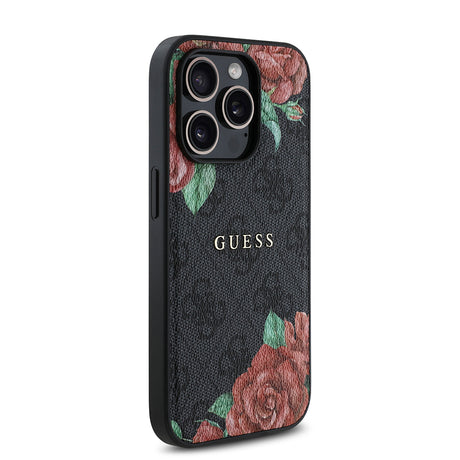 Apple iPhone 14 Pro Max Kılıf Guess Orjinal Lisanslı M-safe Şarj Özellikli Gül Baskılı 4G Desenli Yazı Logolu Kapak