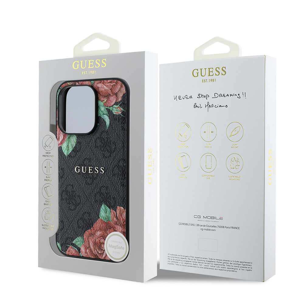 Apple iPhone 14 Pro Max Kılıf Guess Orjinal Lisanslı M-safe Şarj Özellikli Gül Baskılı 4G Desenli Yazı Logolu Kapak