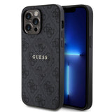 Apple iPhone 14 Pro Max Kılıf Guess Orjinal Lisanslı M-safe Şarj Özellikli PU Halkalı 4G Desenli Yazı Logolu Kapak