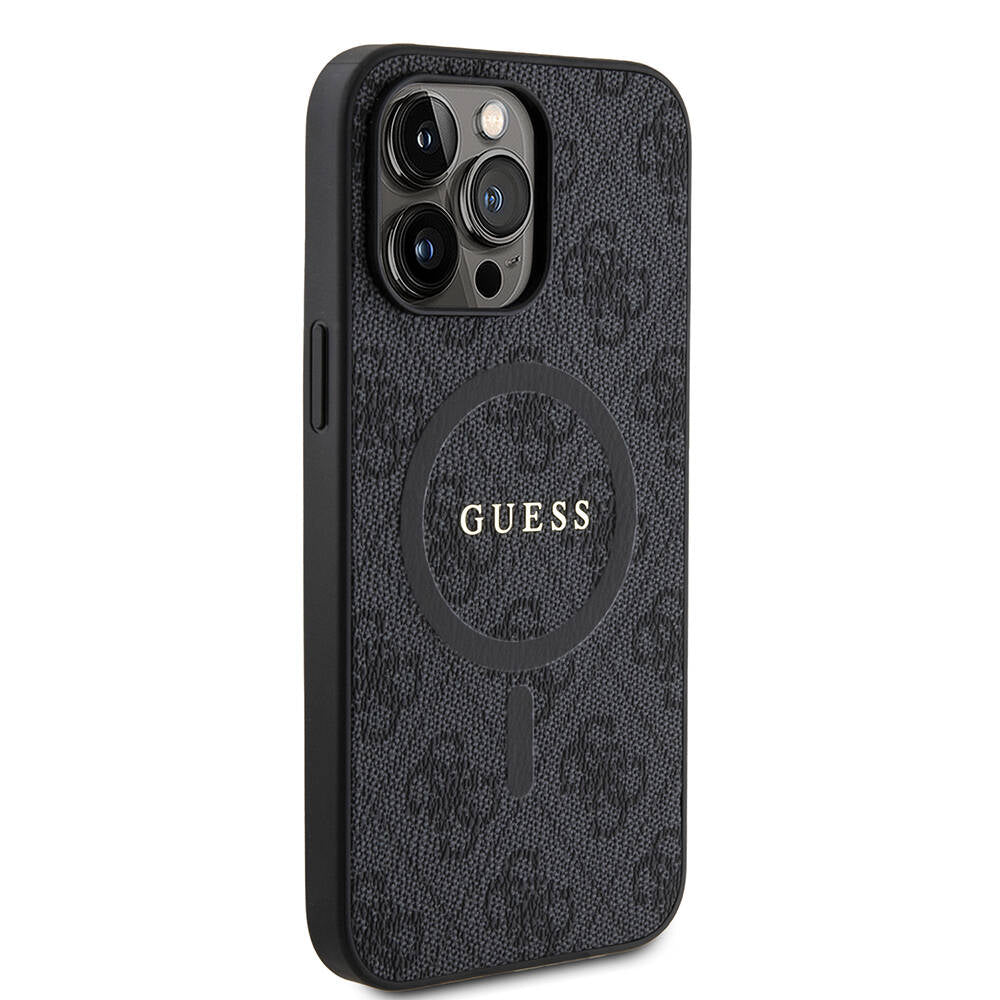 Apple iPhone 14 Pro Max Kılıf Guess Orjinal Lisanslı M-safe Şarj Özellikli PU Halkalı 4G Desenli Yazı Logolu Kapak