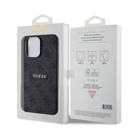 Apple iPhone 14 Pro Max Kılıf Guess Orjinal Lisanslı M-safe Şarj Özellikli PU Halkalı 4G Desenli Yazı Logolu Kapak