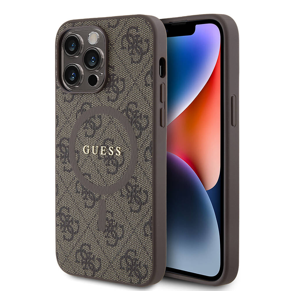 Apple iPhone 14 Pro Max Kılıf Guess Orjinal Lisanslı M-safe Şarj Özellikli PU Halkalı 4G Desenli Yazı Logolu Kapak