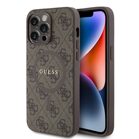 Apple iPhone 14 Pro Max Kılıf Guess Orjinal Lisanslı M-safe Şarj Özellikli PU Halkalı 4G Desenli Yazı Logolu Kapak