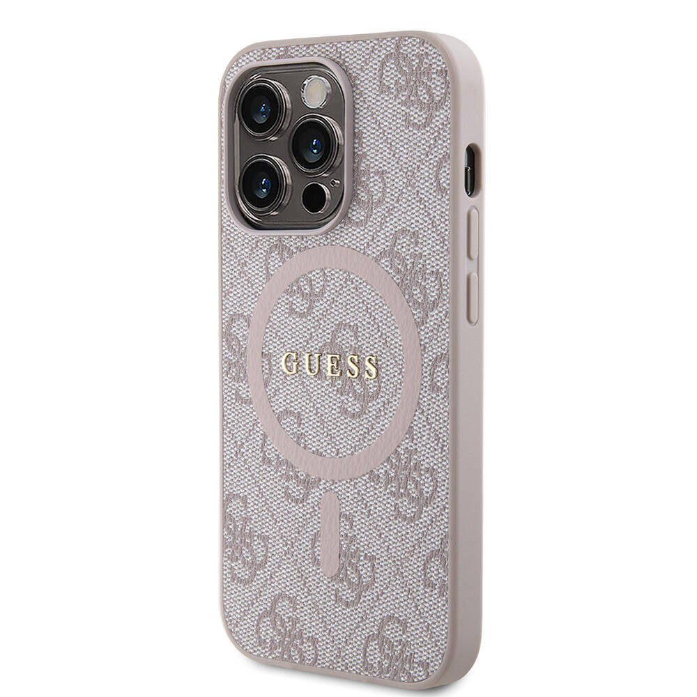 Apple iPhone 14 Pro Max Kılıf Guess Orjinal Lisanslı M-safe Şarj Özellikli PU Halkalı 4G Desenli Yazı Logolu Kapak