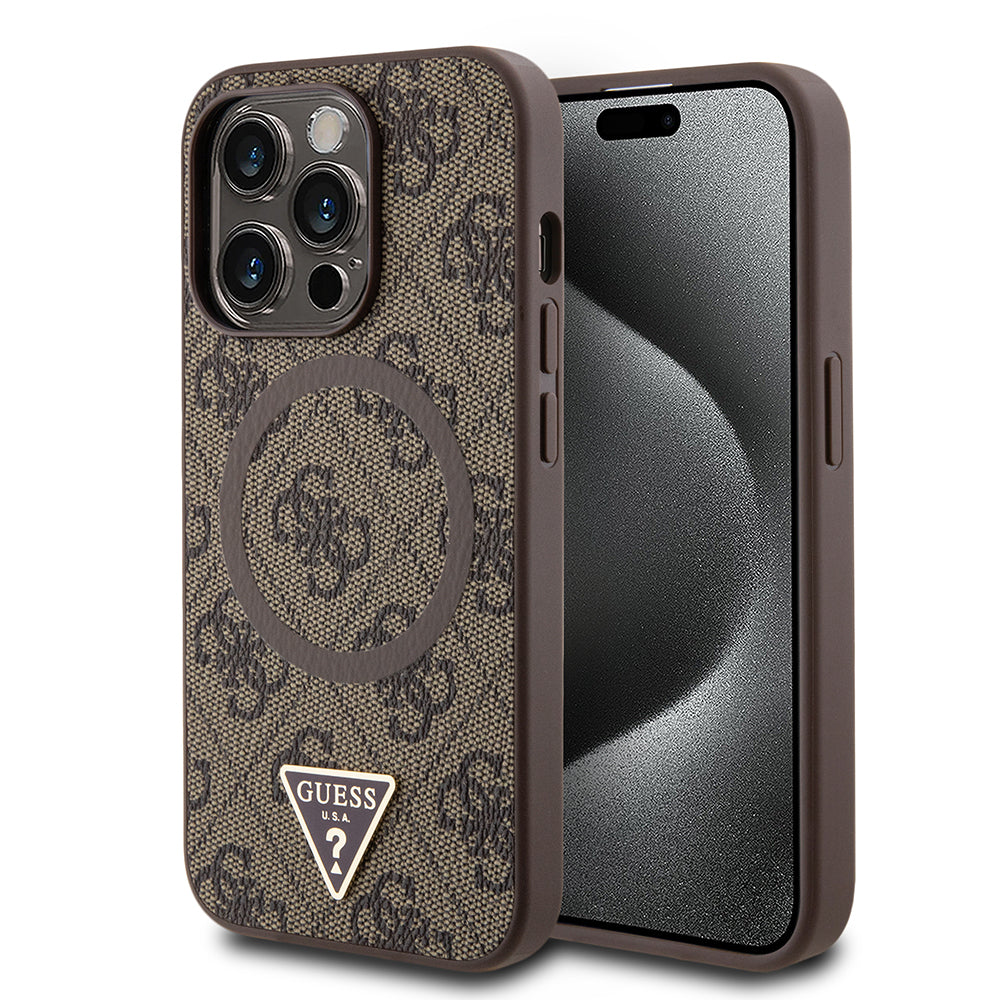 Apple iPhone 14 Pro Max Kılıf Guess Orjinal Lisanslı M-safe Şarj Özellikli PU Üçgen Logo 4G Desenli Kapak
