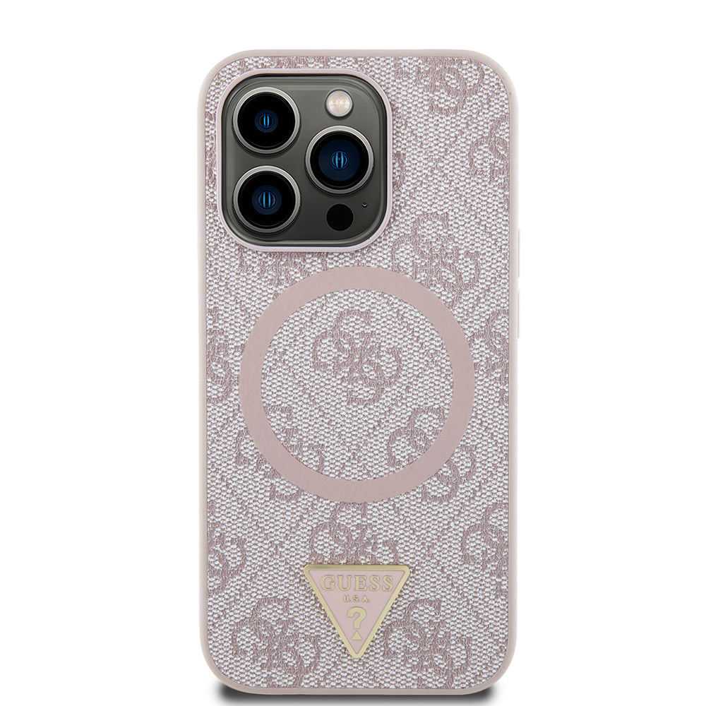 Apple iPhone 14 Pro Max Kılıf Guess Orjinal Lisanslı M-safe Şarj Özellikli PU Üçgen Logo 4G Desenli Kapak