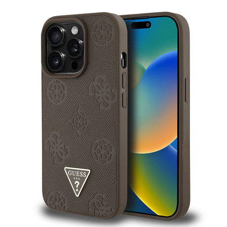 Apple iPhone 14 Pro Max Kılıf Guess Orjinal Lisanslı M-safe Şarj Özellikli Sıcak Baskılı Üçgen Logolu PU Deri Peony Kapak
