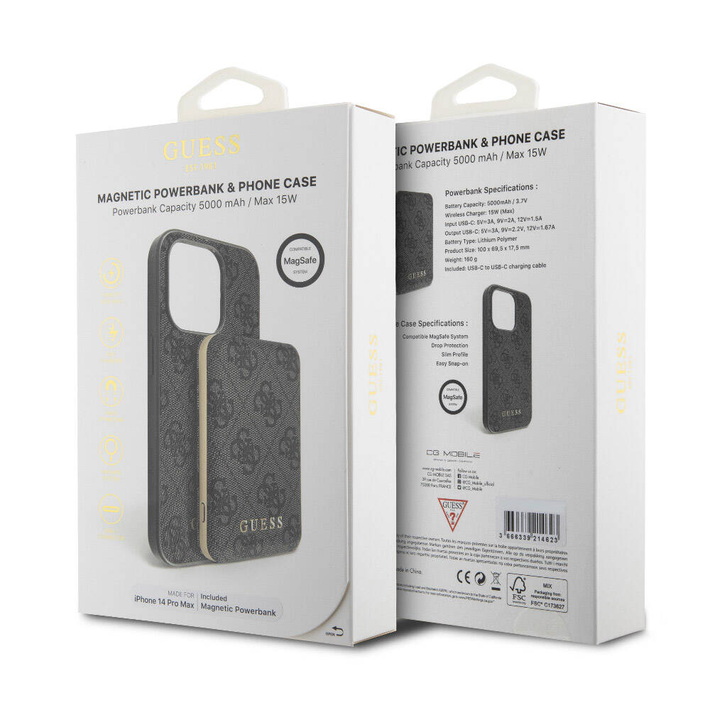 Apple iPhone 14 Pro Max Kılıf Guess Orjinal Lisanslı M-safe Şarj Özellikli Yazı Logolu 4G Desenli Kapak + Powerbank 5000mAh 2in1 Set