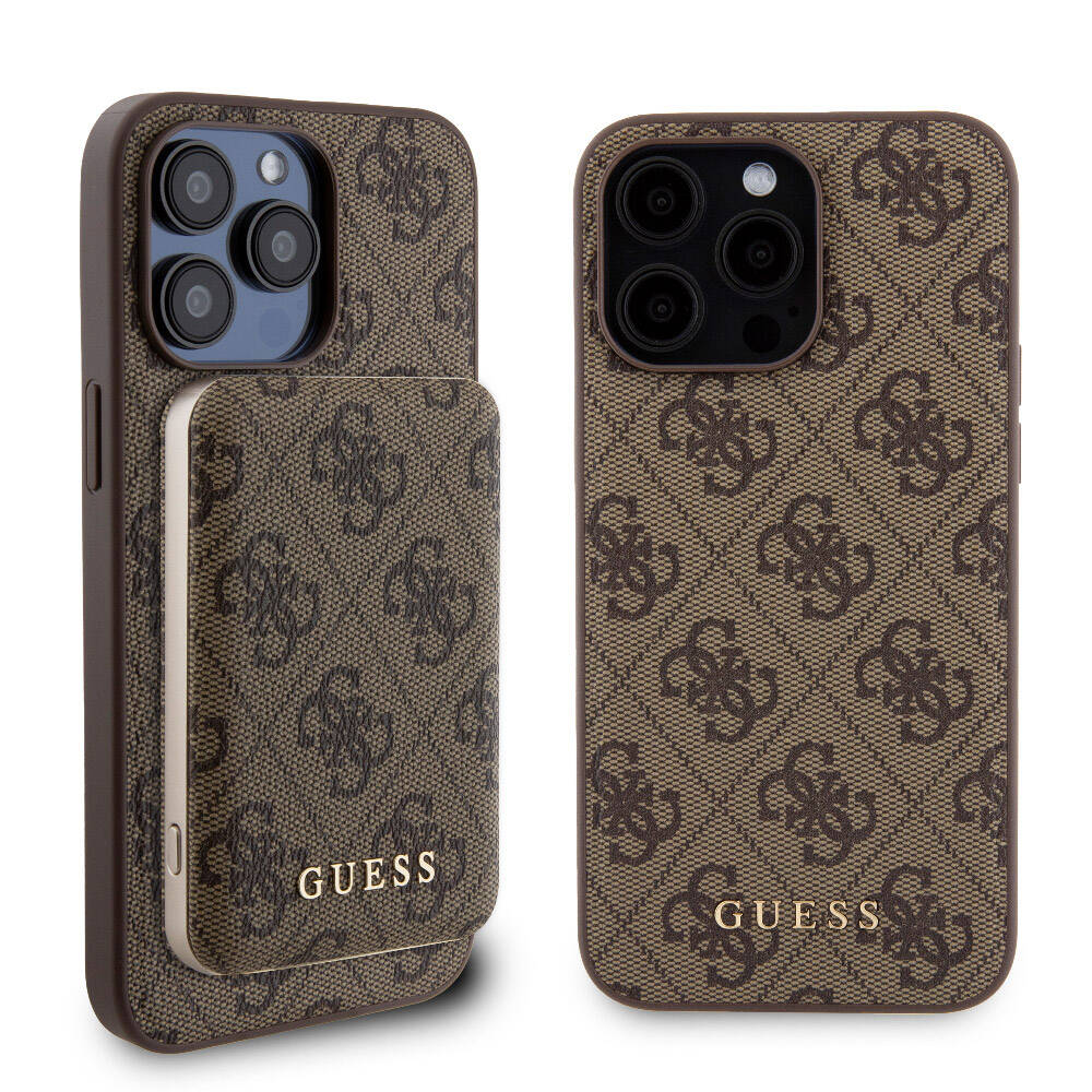 Apple iPhone 14 Pro Max Kılıf Guess Orjinal Lisanslı M-safe Şarj Özellikli Yazı Logolu 4G Desenli Kapak + Powerbank 5000mAh 2in1 Set