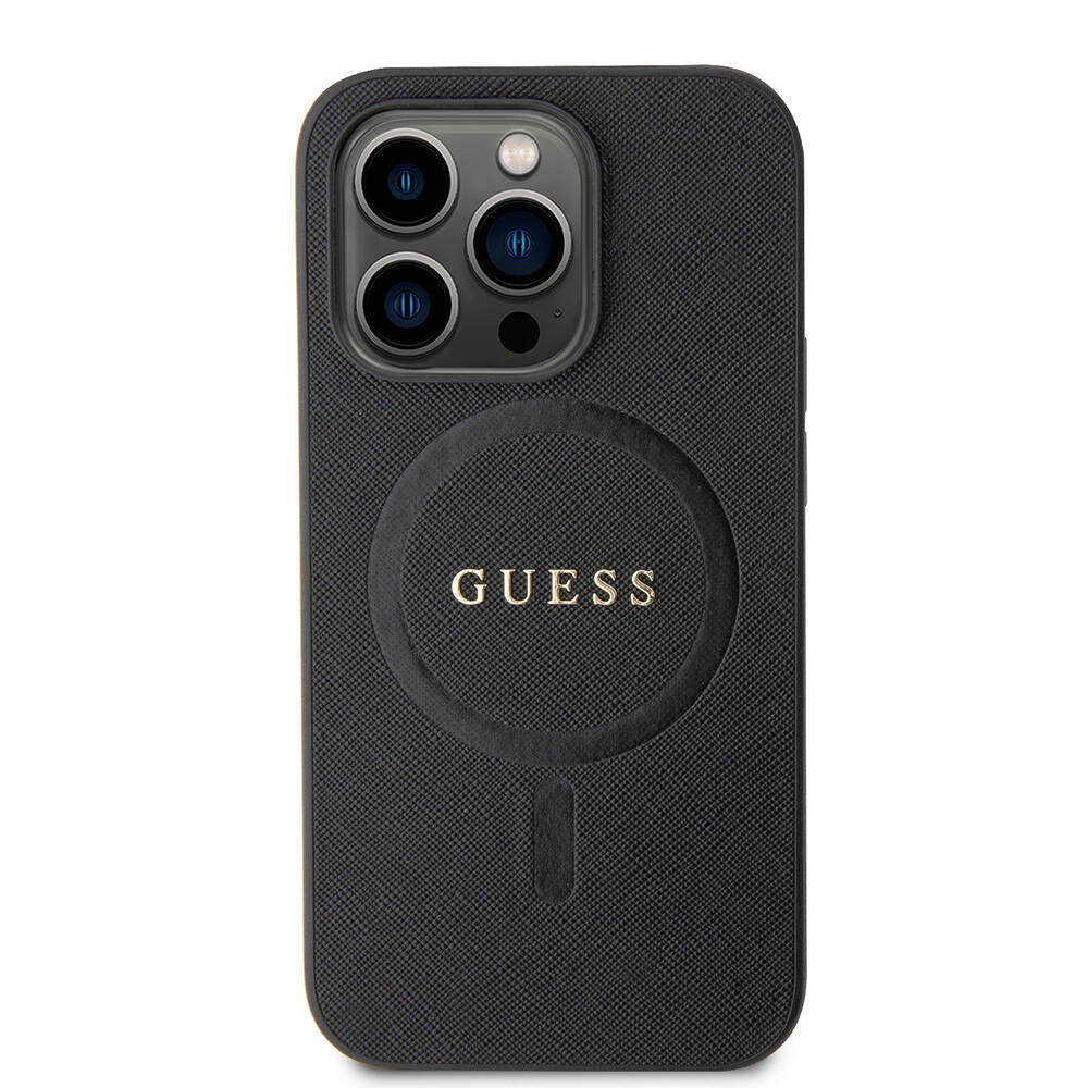 Apple iPhone 14 Pro Max Kılıf Guess Orjinal Lisanslı M-safe Şarj Özellikli Yazı Logolu Saffiano Kapak