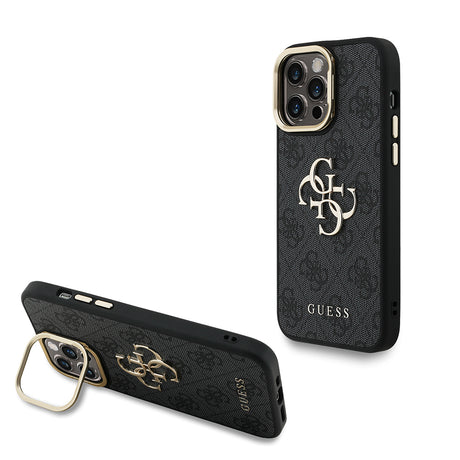 Apple iPhone 14 Pro Max Kılıf Guess Orjinal Lisanslı PU Deri 4G Desenli Metal Büyük 4G ve Yazı Logolu Kamera Standlı Kapak