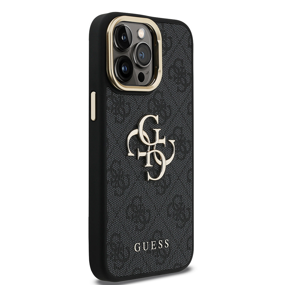 Apple iPhone 14 Pro Max Kılıf Guess Orjinal Lisanslı PU Deri 4G Desenli Metal Büyük 4G ve Yazı Logolu Kamera Standlı Kapak