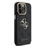 Apple iPhone 14 Pro Max Kılıf Guess Orjinal Lisanslı PU Deri 4G Desenli Metal Büyük 4G ve Yazı Logolu Kamera Standlı Kapak